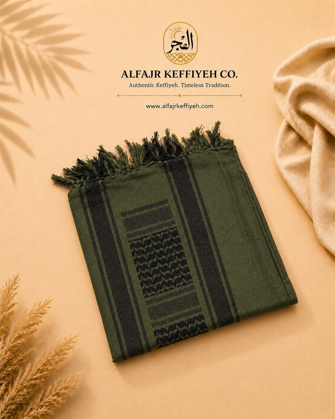 ALFAJR Tactical Shemagh in Olive & Black — 100% cotton outdoor scarf, folded view