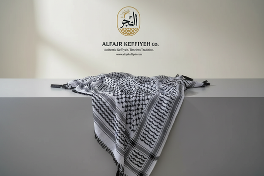Black and white traditional keffiyeh with classic pattern draped over a clean white surface, featuring ALFAJR KEFFIYEH Co logo and branding on a soft neutral background.