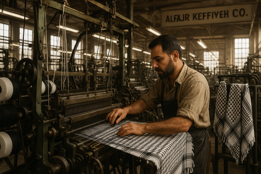 AlFajr Keffiyeh Co artisan weaving authentic keffiyeh in Karachi Pakistan
