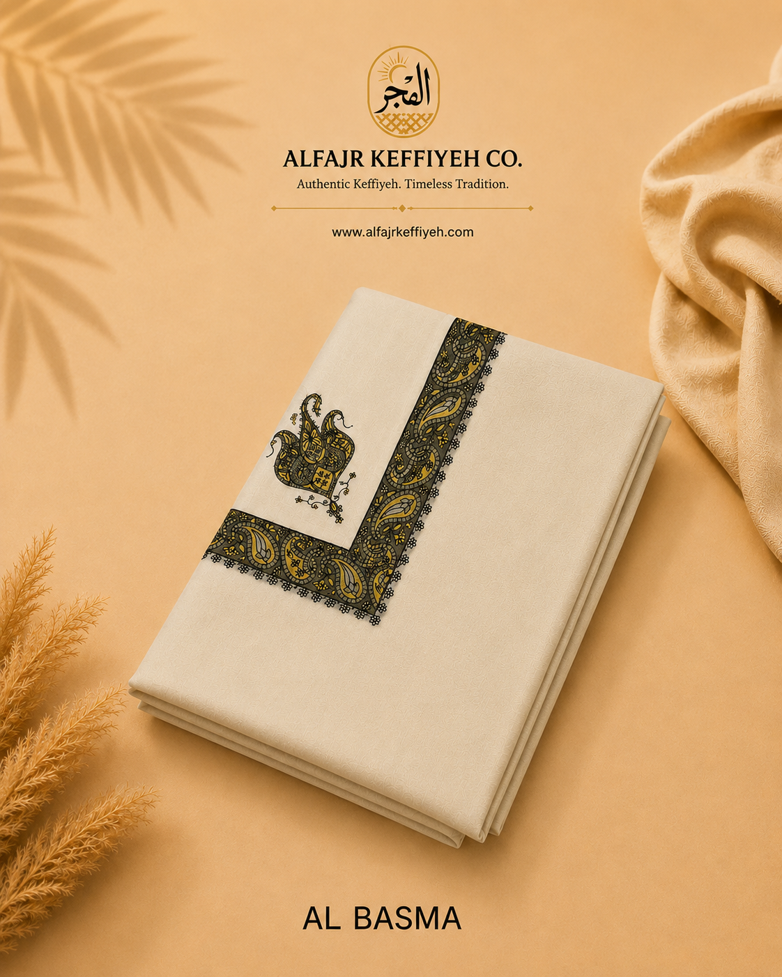 Omani Kashmiri Royal Shemagh – AL BASMA (Cream White) | Premium TR Fabric Yemeni Shemagh