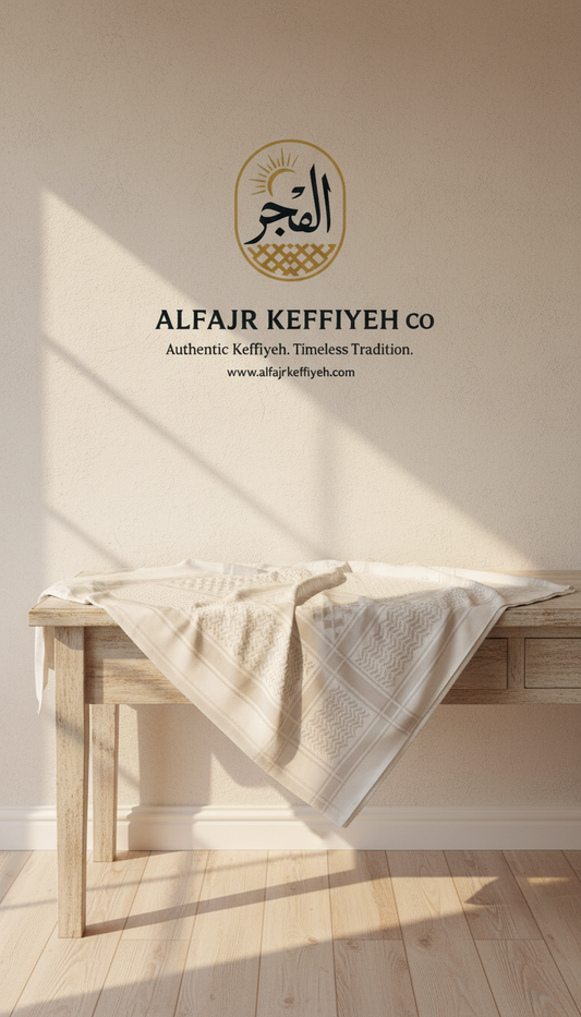 Alzahabi White Shemagh | High-Twist Heritage Scarf – ALFAJR KEFFIYEH CO.