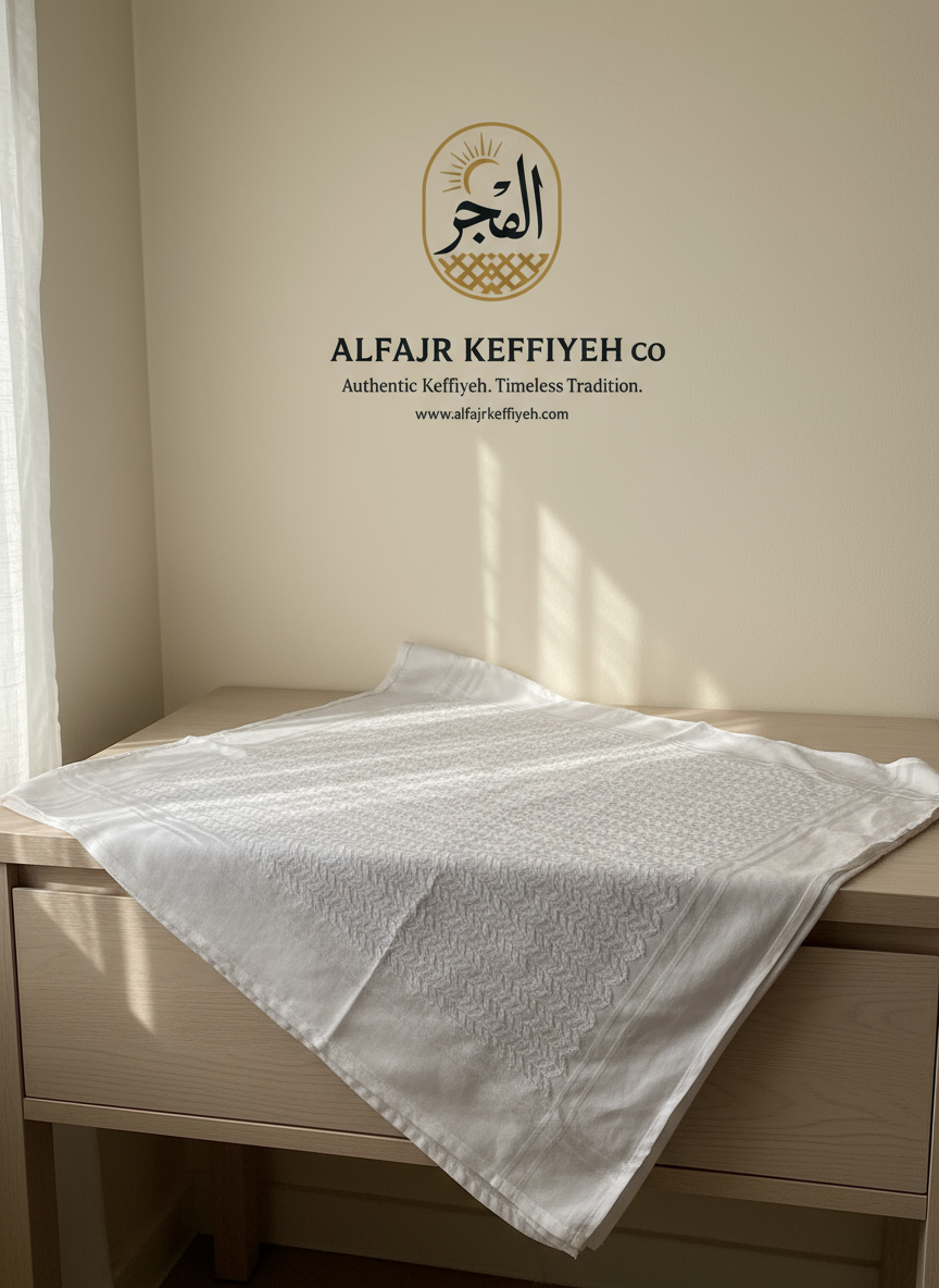ALFAJR Alzahabi White Shemagh draped, lifestyle photo