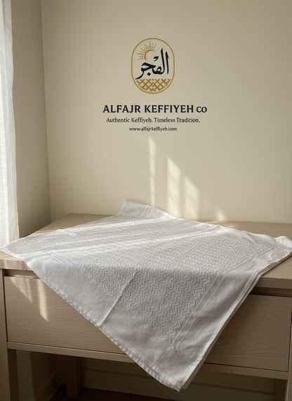 ALFAJR Alzahabi White Shemagh draped, lifestyle photo
