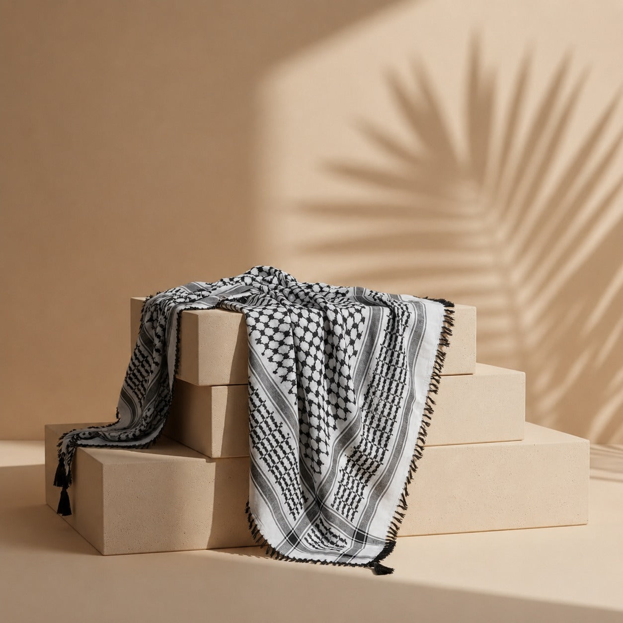 Arafat Keffiyeh Black & White – Blended Fabric Shemagh with Tassels | ALFAJR