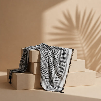Arafat Keffiyeh Black & White – Blended Fabric Shemagh with Tassels | ALFAJR