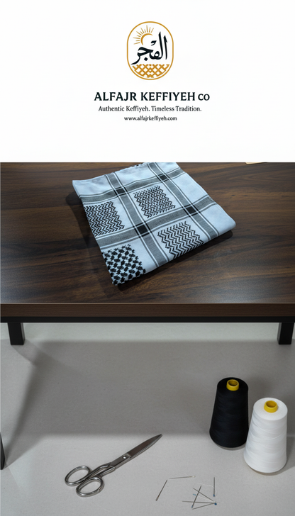 Keffiyeh with black and white pattern on a wooden surface, accompanied by spools of thread and scissors.