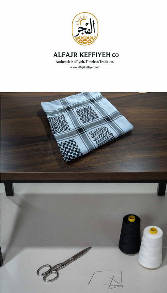 Keffiyeh with black and white pattern on a wooden surface, accompanied by spools of thread and scissors.