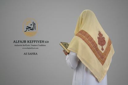 ALFAJR Kashmiri Gold Shemagh AS-SAHRA in desert sand with gold jacquard