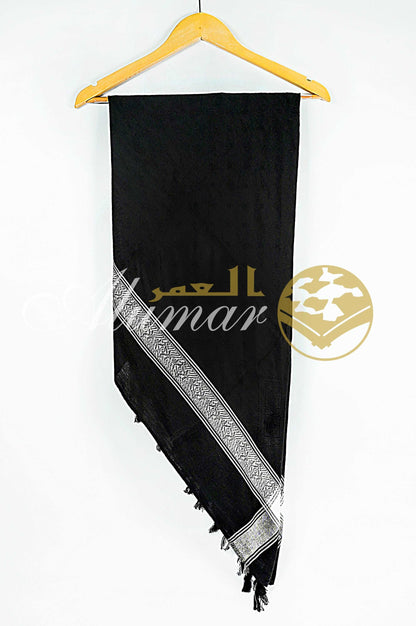 ALFAJR Black Sand Keffiyeh Scarf draped, styling view