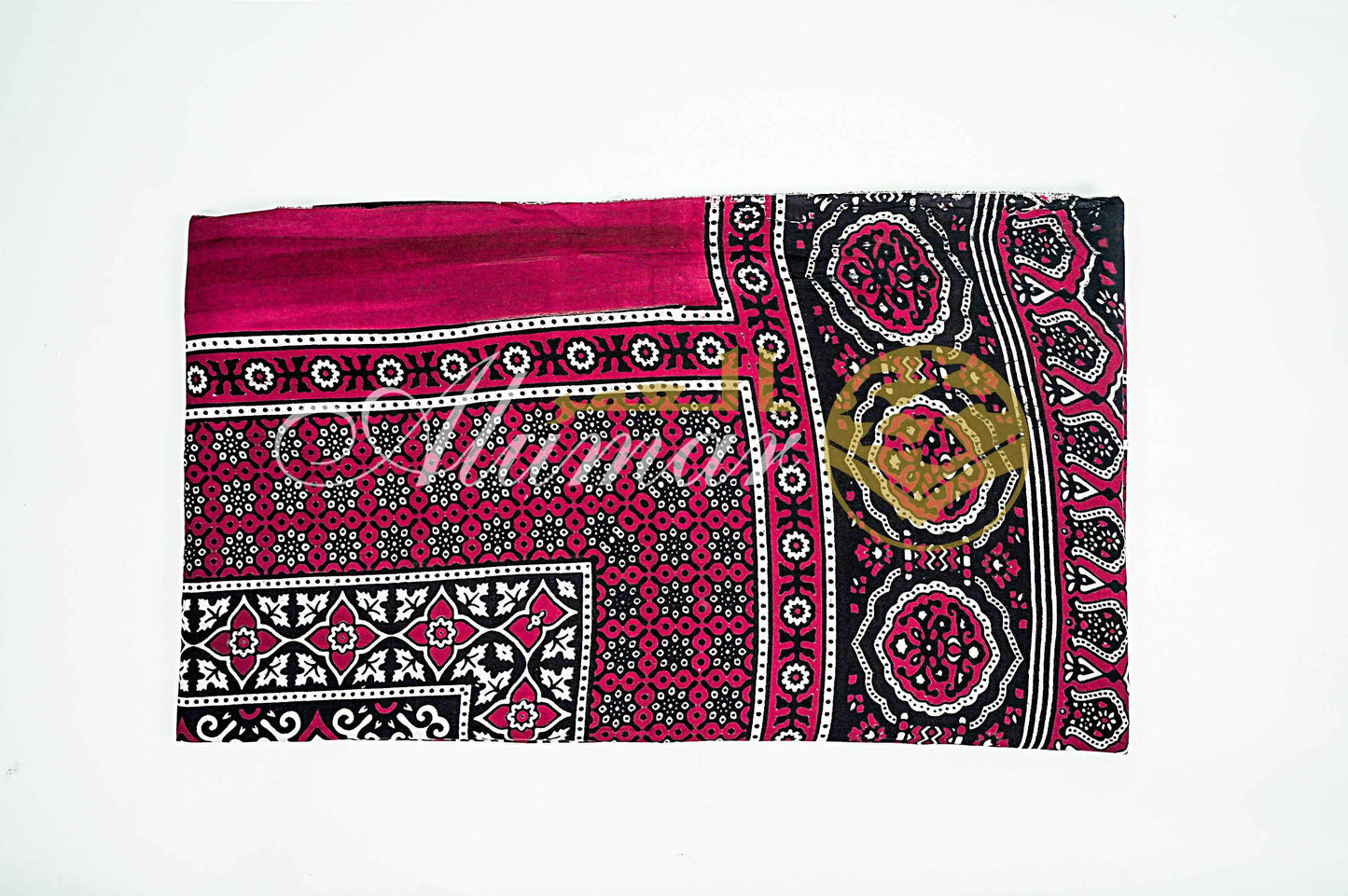 ALFAJR Ajrak shawl folded showing block print detail
