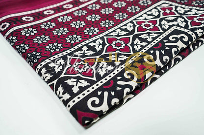 ALFAJR Ajrak shawl draped, showing fabric drape and texture