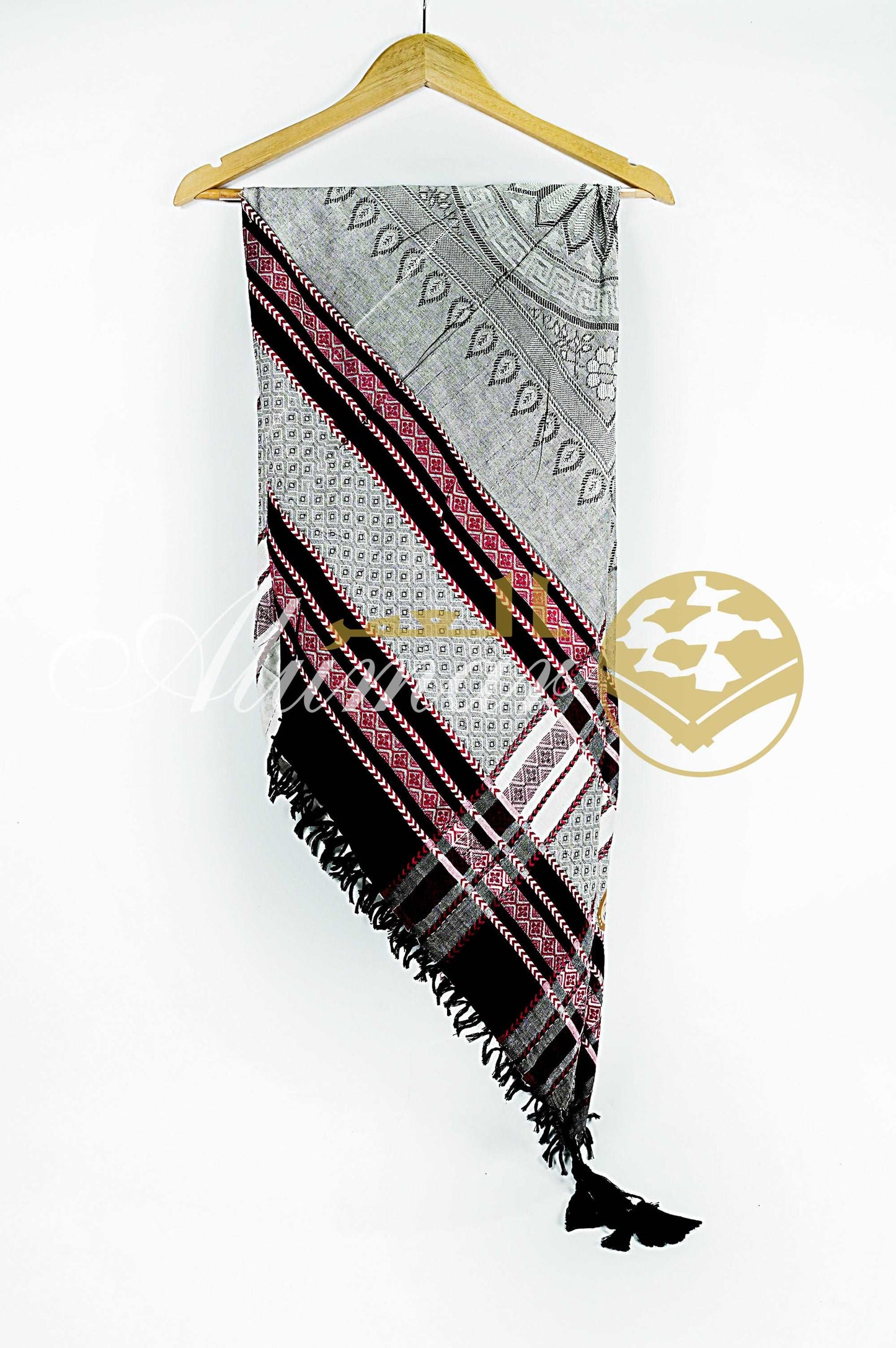 ALFAJR Almumtaz jacquard shemagh, full view with tassels