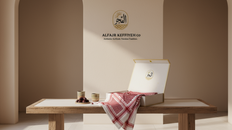 Wooden table with a box and red checkered cloth in a room with arches and Alfajr Keffiyeh Co branding.