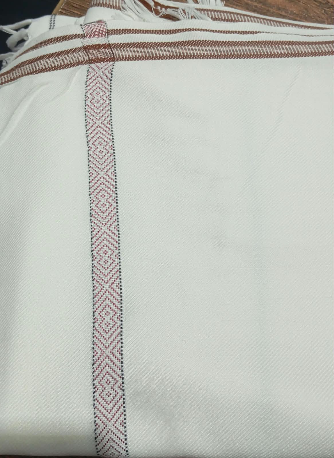 ALFAJR PEARL white men's poly-blend winter shawl with brown border stripes and a woven red and black diamond band