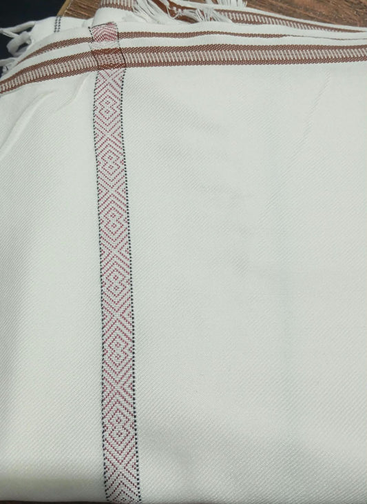 ALFAJR PEARL white men's poly-blend winter shawl with brown border stripes and a woven red and black diamond band