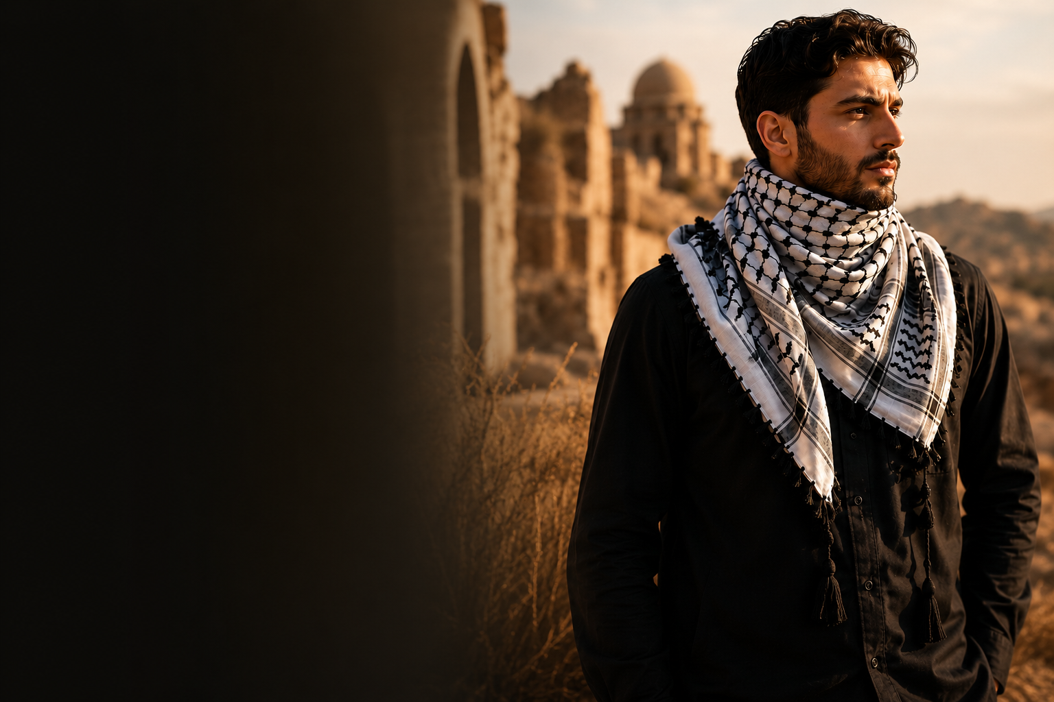 Model wearing an authentic black and white Palestinian keffiyeh by ALFAJR Keffiyeh Co in a desert landscape.
