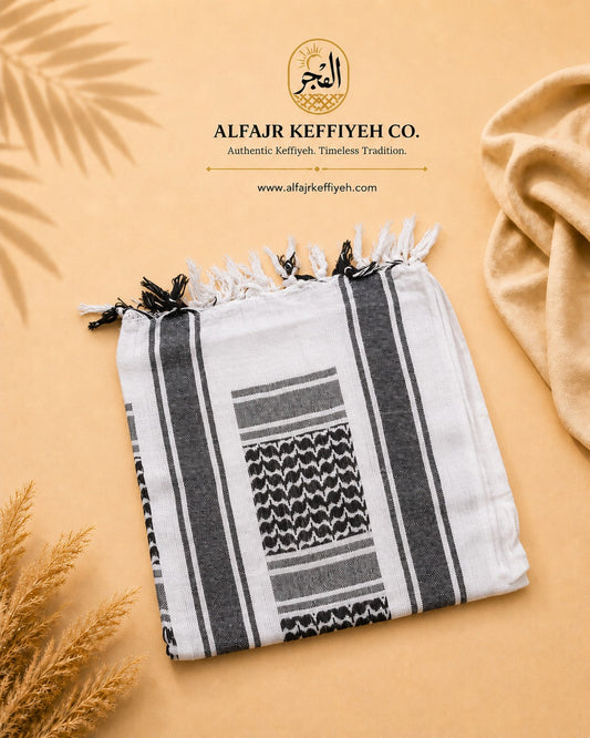 ALFAJR Tactical Shemagh in White & Black — 100% cotton outdoor scarf, folded view