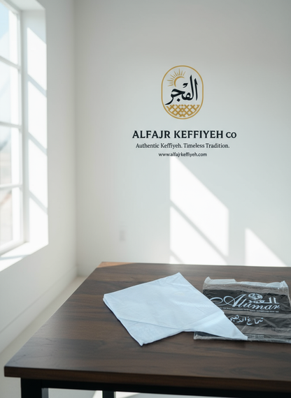 ALFAJR Alzahabi White Shemagh styled in white ambiance setting