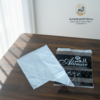 ALFAJR Alzahabi White Shemagh, e-commerce studio shot with sunlit window