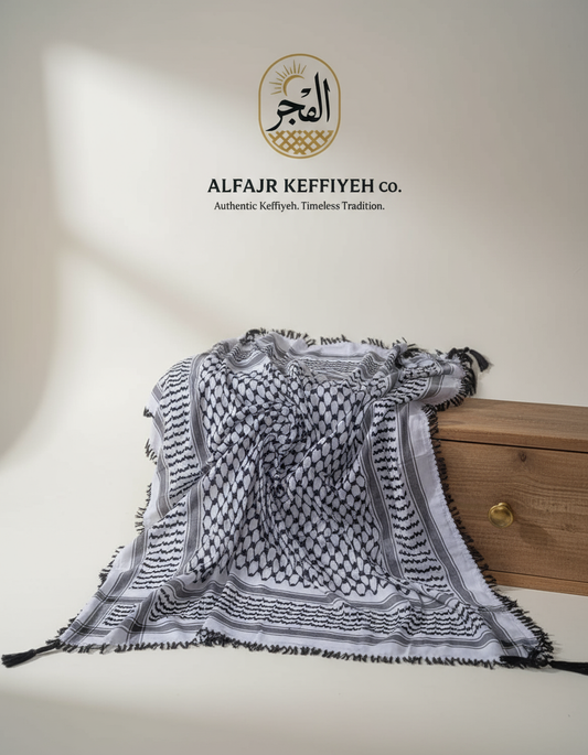 Arafat Keffiyeh with Tussels | Classic Black & White Cotton Shemagh – AlFajr Keffiyeh Co.